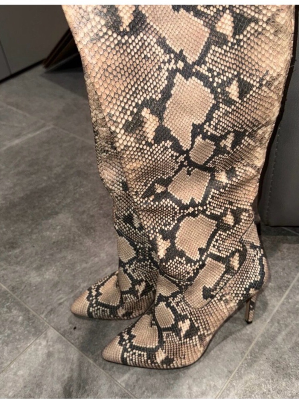 Vince Camuto Snake-Print Over-the-Knee Stiletto Boots in Beige/Black